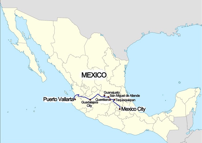 Route Map of Mexico Silver Cities & Vallarta Tour